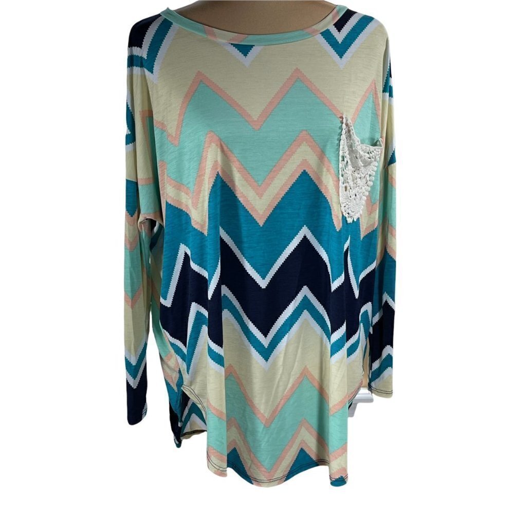 Auditions Chevron Tunic Crochet Pocket Long Sleeve Crewneck Teal Peach Cream M